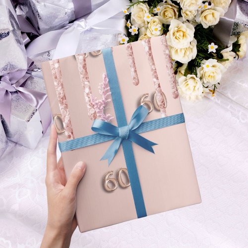 60th Birthday rose gold glitter drips pink Wrapping Paper