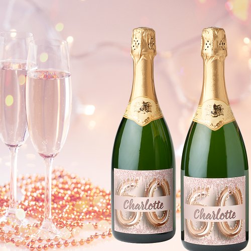 60th birthday rose gold glitter monogram luxury sparkling wine label