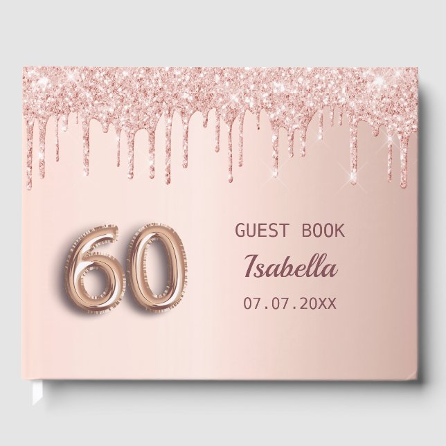 60th birthday rose gold glitter monogram name guest book (Front)