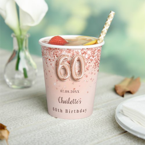 60th birthday rose gold glitter monogram name paper cups