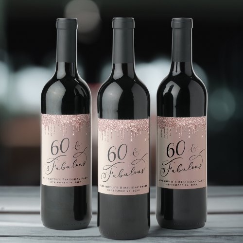 60th Birthday Rose Gold Glitter Personalized Wine Label