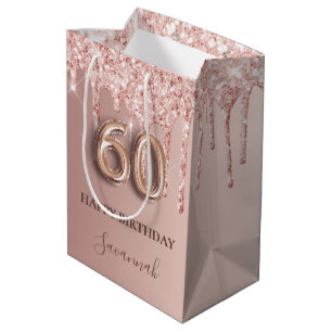 60th birthday rose gold glitter pink balloon style medium gift bag