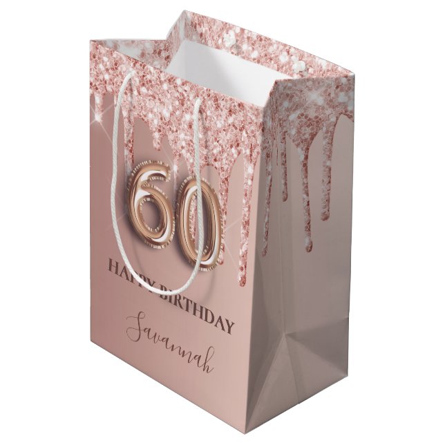 60th birthday rose gold glitter pink balloon style medium gift bag (Back Angled)