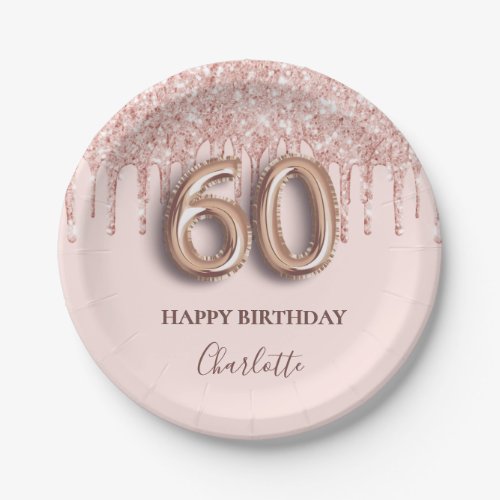 60th birthday rose gold glitter pink balloon style paper plates