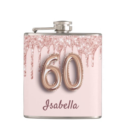 60th birthday rose gold glitter pink friends flask