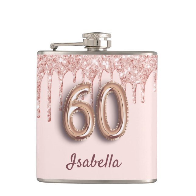 60th birthday rose gold glitter pink friends flask (Front)