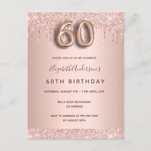 60th birthday rose gold glitter pink invitation postcard