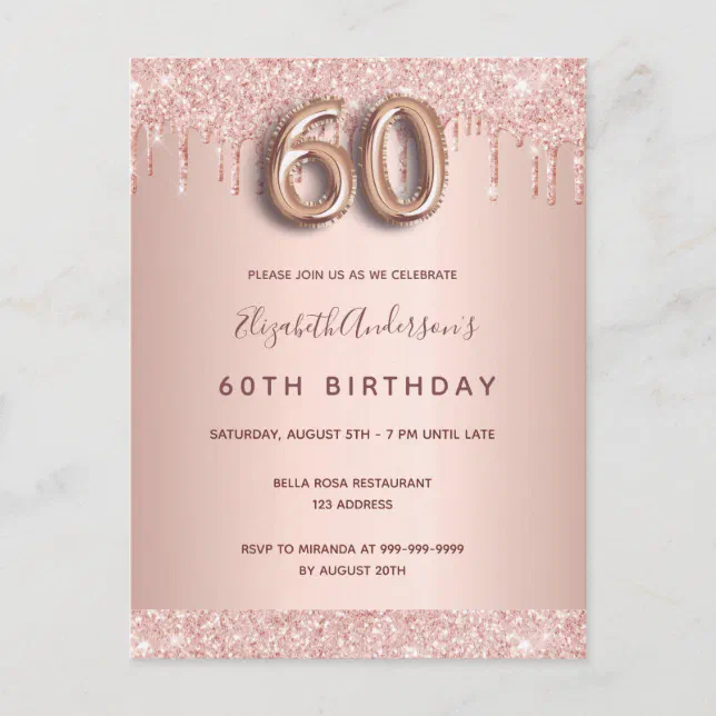 60th birthday rose gold glitter pink invitation postcard | Zazzle