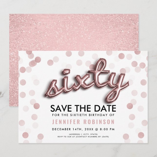 60th Birthday Rose Gold Glitter Save The Date Invitation (Front/Back)