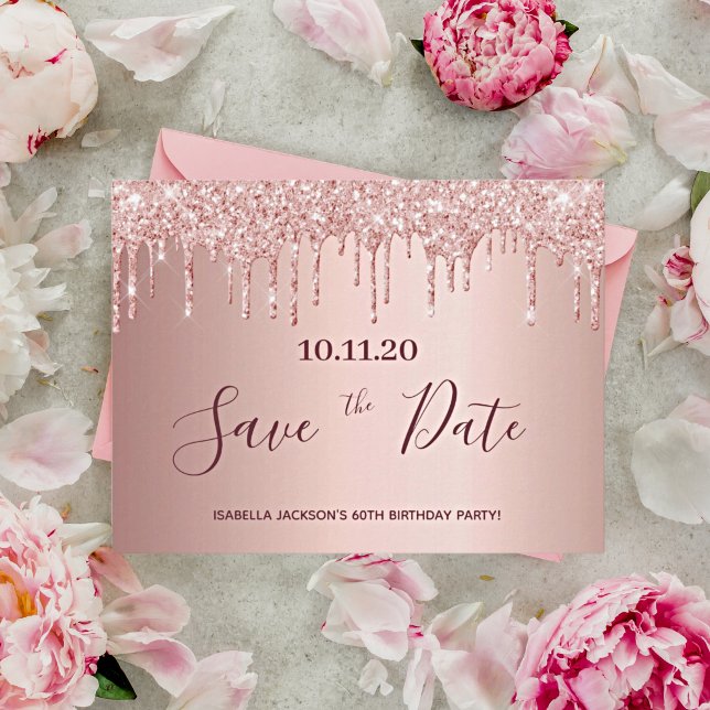 60th birthday rose gold glitter save the date postcard