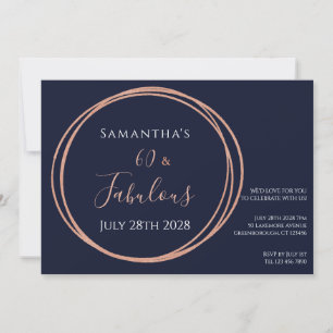 60th Birthday Rose Gold Navy Party Invitation