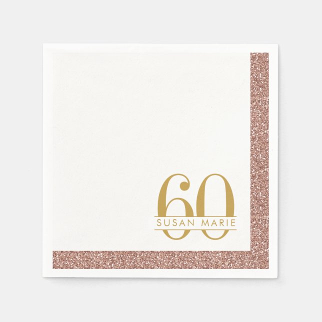 60th Birthday Rose Gold Personalized Pink Glitter Napkins (Front)
