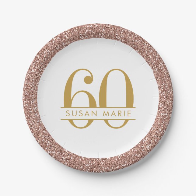 60th Birthday Rose Gold Personalized Pink Glitter Paper Plates (Front)