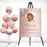 60th birthday rose gold photo silver glitter dust foam board<br><div class="desc">A welcome board for a girly and glamorous 60th birthday party.  A rose gold faux metallic looking background decorated with faux silver glitter dust.   Personalize and add a photo and name.  Number 60 is written with a balloon style font.
Back: no design</div>