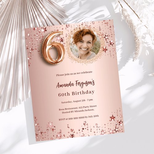 60th Birthday rose gold photo stars invitation