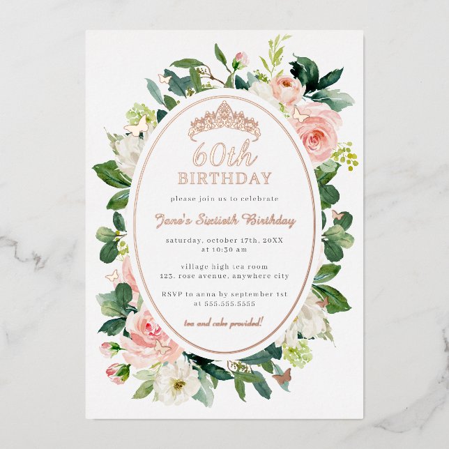 60th Birthday Rose Gold Pink Butterfly Floral  Foil Invitation (Front)