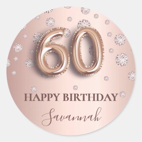 60th birthday rose gold pink diamonds balloon font classic round sticker