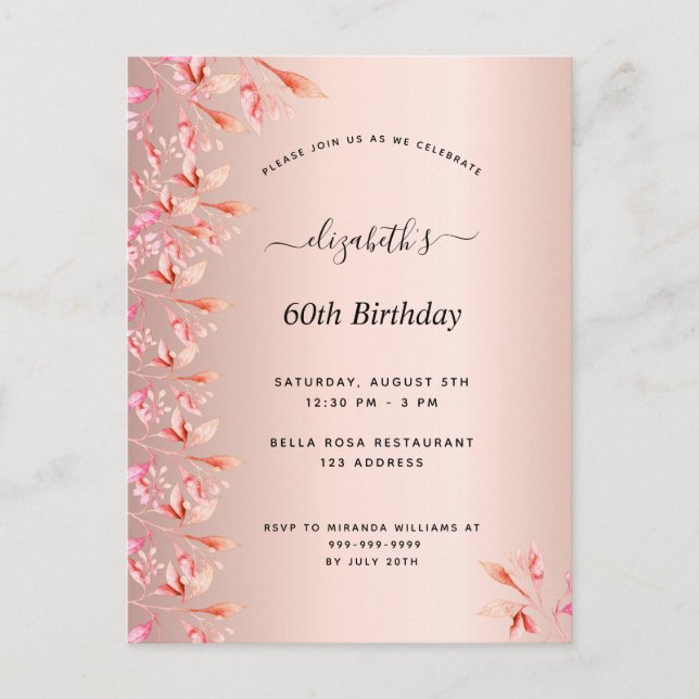 60th birthday rose gold pink floral invitation postcard (Front)