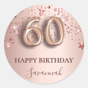 60th birthday rose gold pink stars balloon font classic round sticker