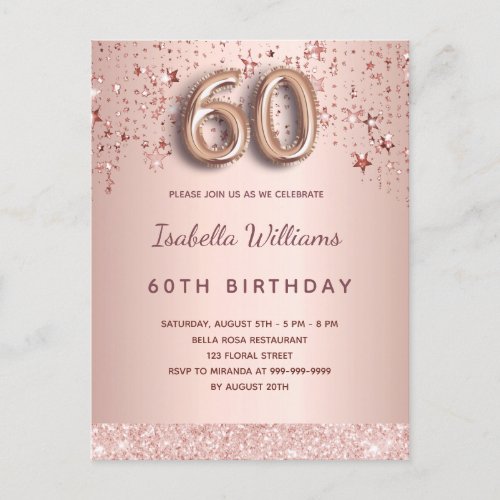 60th birthday rose gold pink stars balloon script postcard