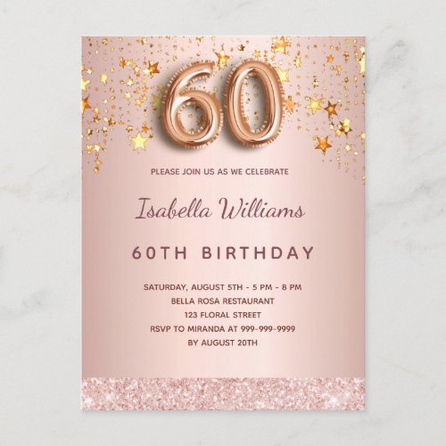 60th birthday rose gold pink stars balloon script postcard