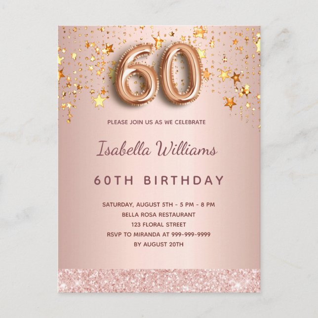 60th birthday rose gold pink stars balloon script postcard (Front)