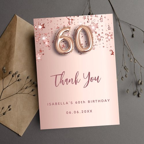 60th birthday rose gold pink stars thank you card