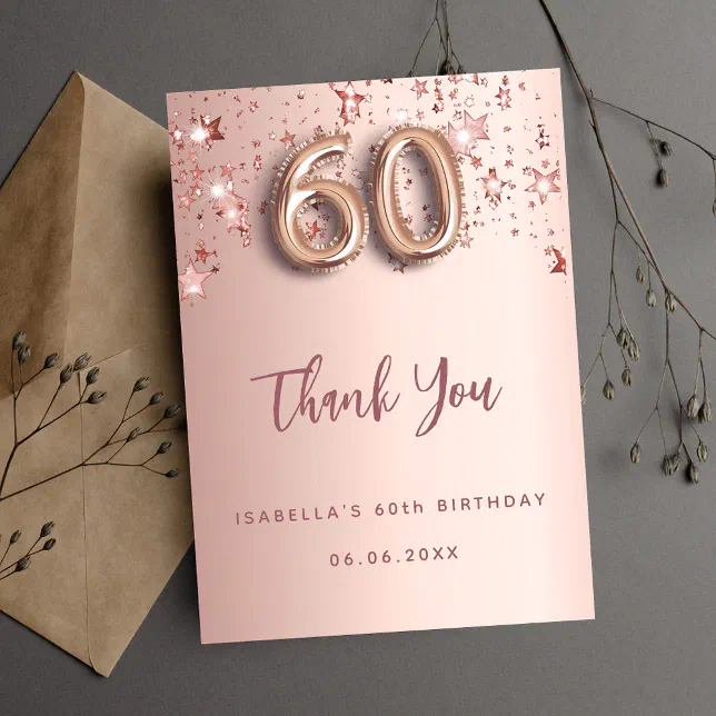 60th birthday rose gold pink stars thank you card | Zazzle