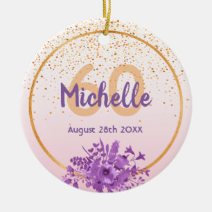 60th birthday rose gold purple florals name ceramic ornament