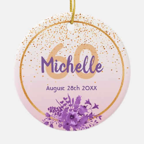 60th birthday rose gold purple florals name ceramic ornament