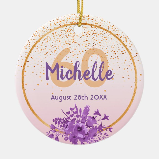 60th birthday rose gold purple florals name ceramic ornament (Front)