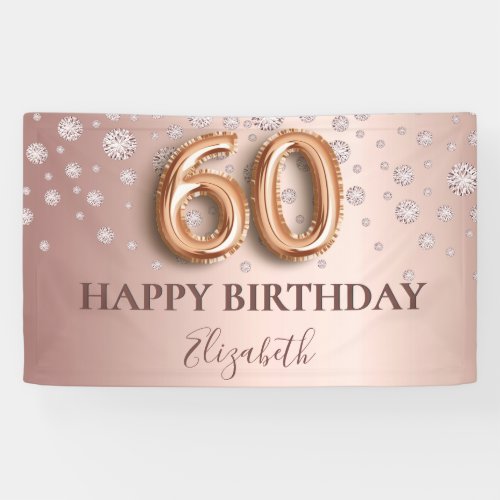 60th birthday rose gold stars pink balloon script banner