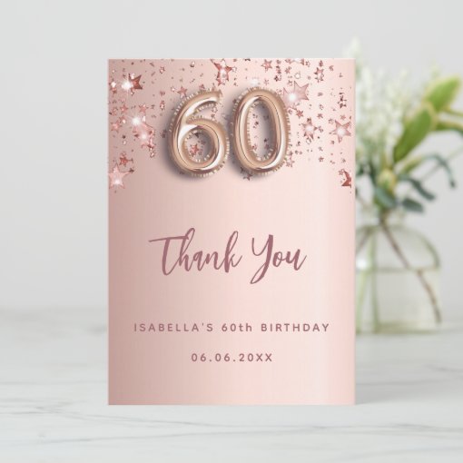 60th birthday rose gold stars thank you card | Zazzle