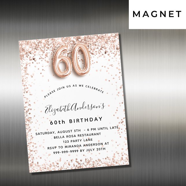 60th birthday rose gold white sparkles luxury magnetic invitation (Creator Uploaded)