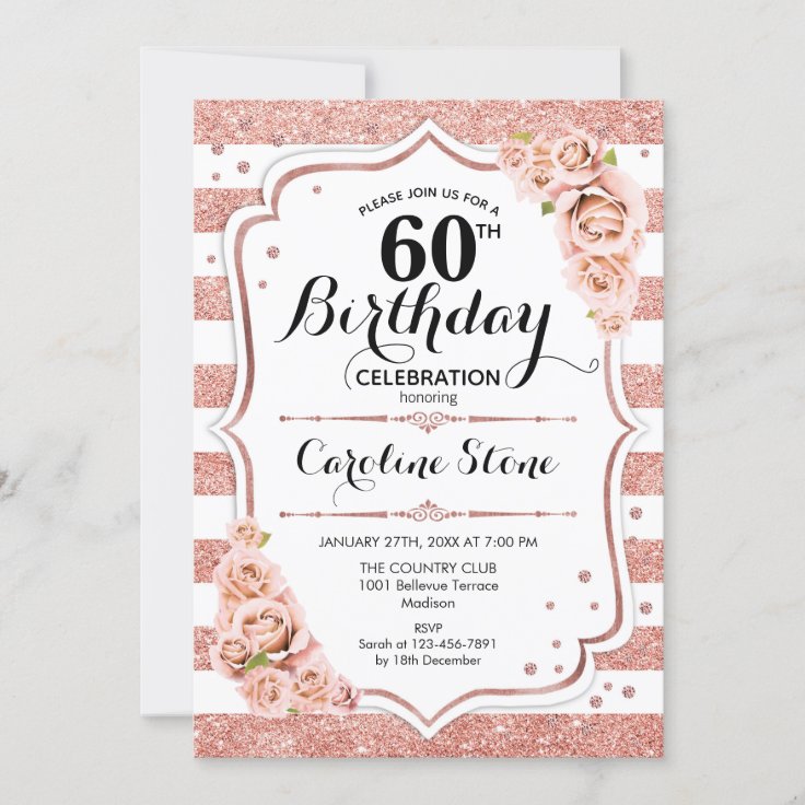 60th Birthday - Rose Gold White Stripes Invitation | Zazzle