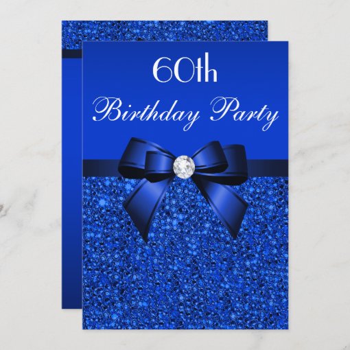 60th Birthday Royal Blue Sequins Bow And Diamond Invitation | Zazzle