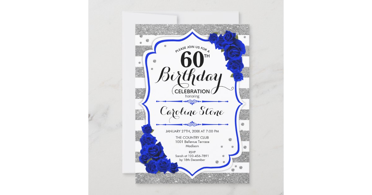 60th Birthday - Royal Blue Silver White Stripes Invitation | Zazzle