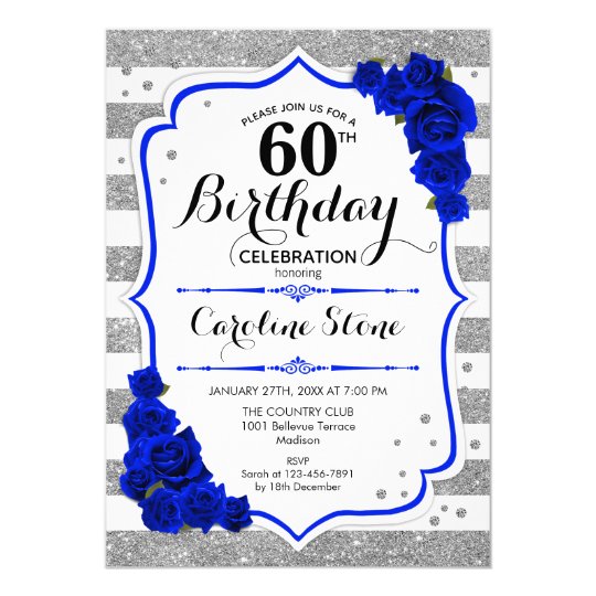 60th Birthday Royal Blue Silver White Stripes Invitation