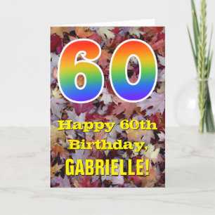 60th Birthday; Rustic Autumn Leaves; Rainbow "60" Card