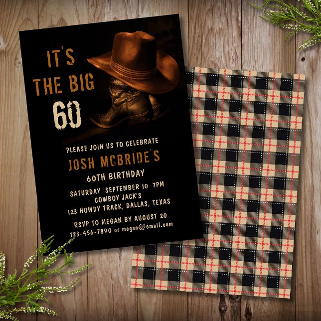 60th Birthday Rustic Cowboy Hat and Leather Boots Invitation (Creator Uploaded)