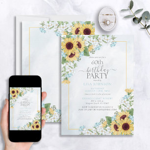 60th Birthday Rustic Dusty Blue Sunflower Script Invitation