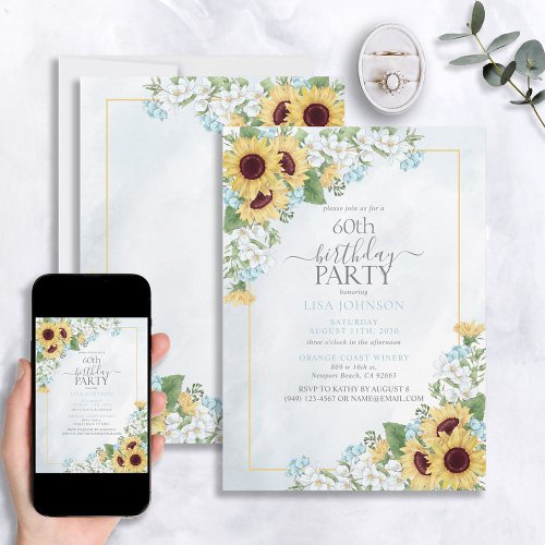 60th Birthday Rustic Dusty Blue Sunflower Script Invitation