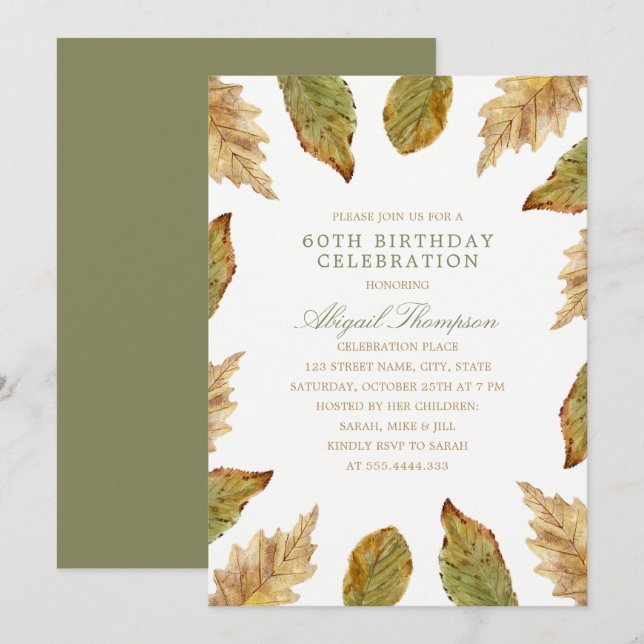 60th Birthday Rustic Fall Leaves Country Party Invitation (Front/Back)