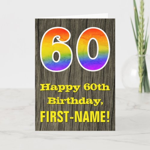 60th Birthday Rustic Faux Wood Look Rainbow 60 Card