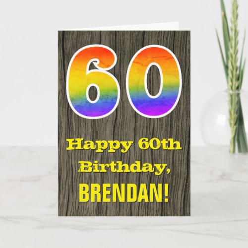 60th Birthday Rustic Faux Wood Look Rainbow 60 Card