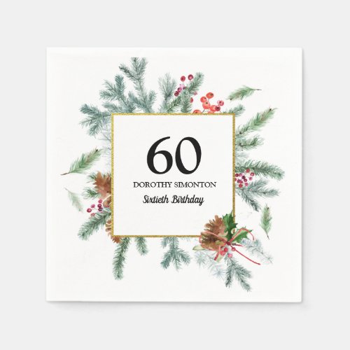 60th Birthday Rustic Winter Greenery Red Bow Napkins
