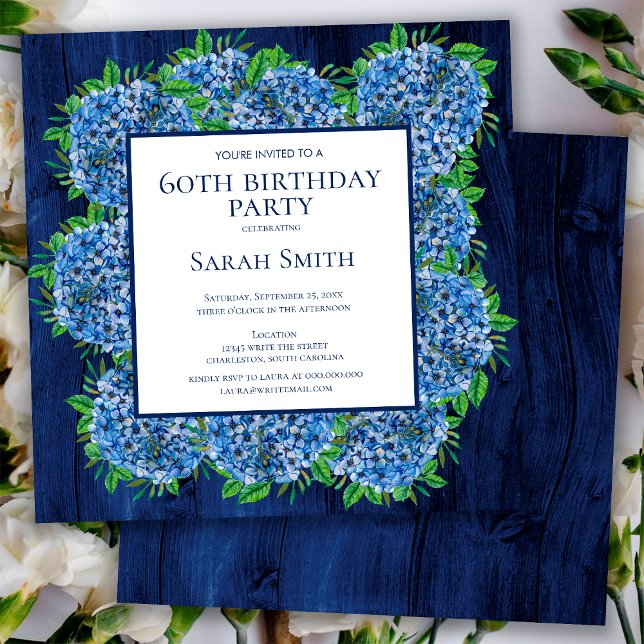 60th Birthday Rustic Wood Blue Hydrangeas Party Invitation (Creator Uploaded)