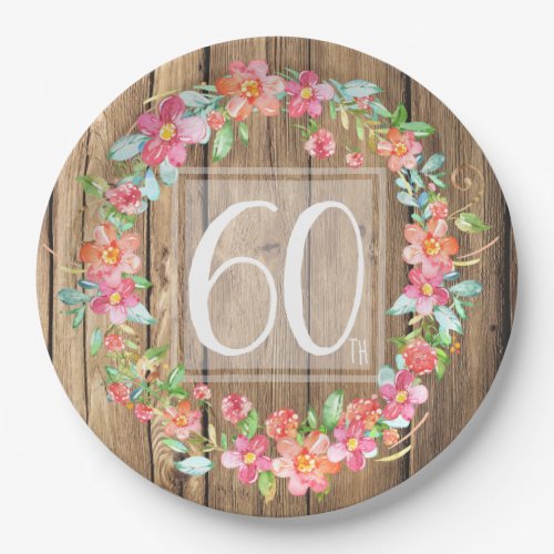 60th birthday rustic wood watercolor flowers paper plates