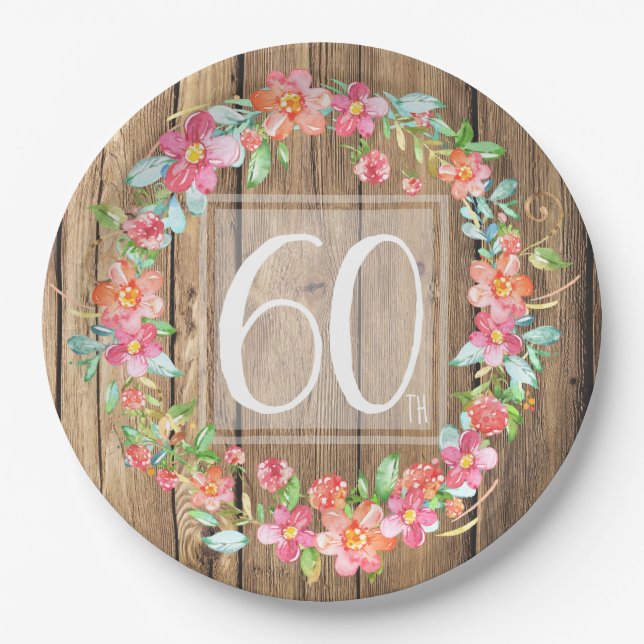 60th birthday rustic wood watercolor flowers paper plates (Front)