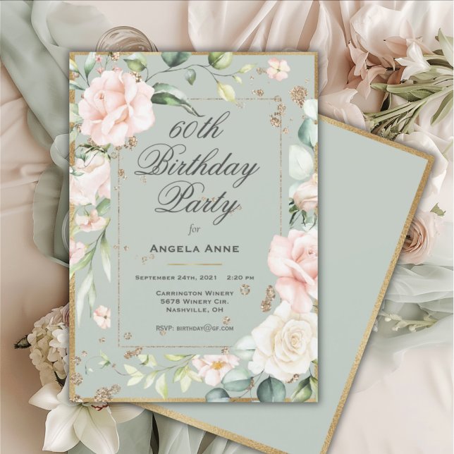 60th Birthday Sage Green Gold Watercolor Floral Invitation (Creator Uploaded)